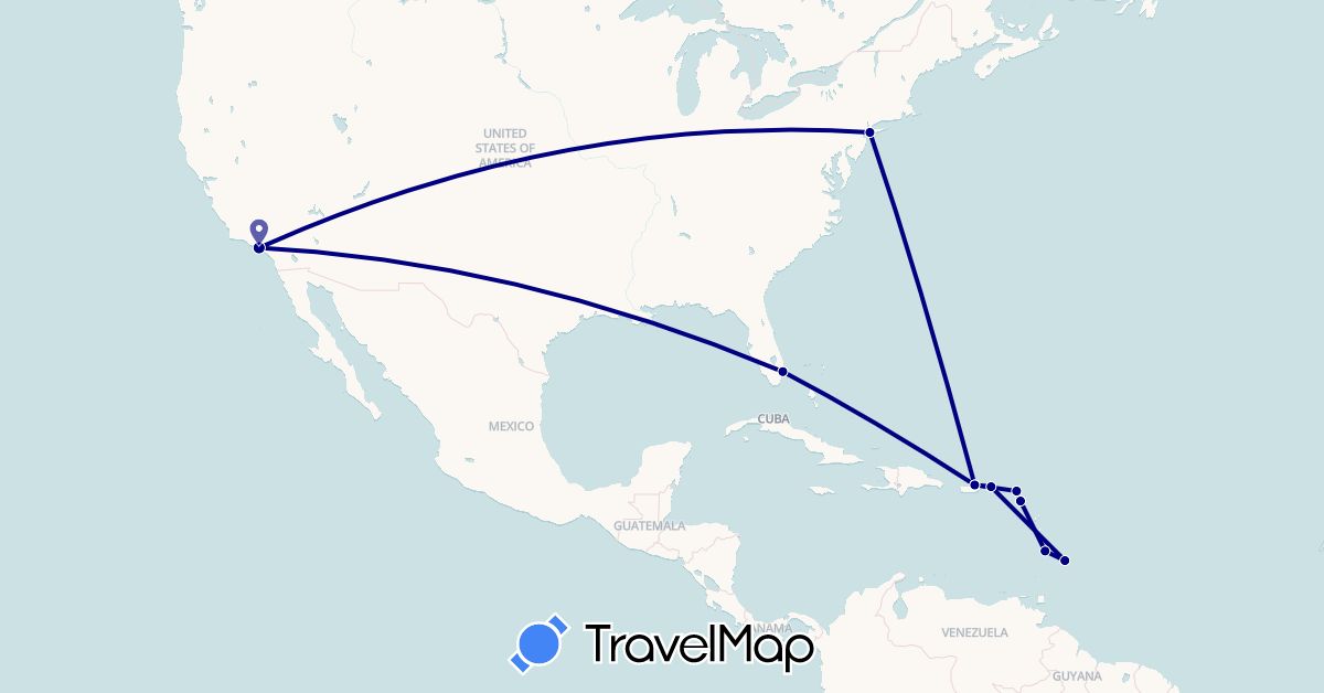 TravelMap itinerary: driving in Barbados, Saint Kitts and Nevis, Saint Lucia, Netherlands, United States (Europe, North America)